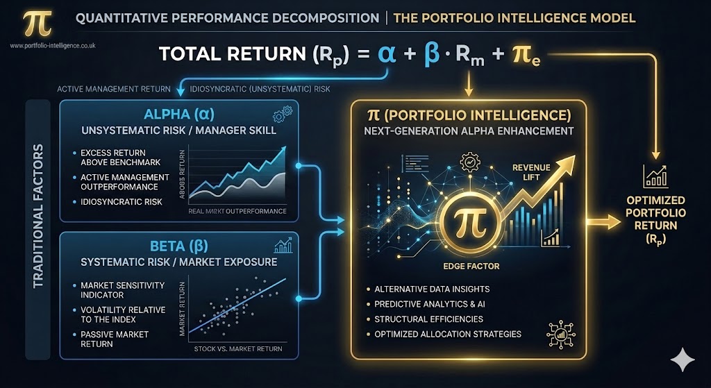 Quantitative performance decomposition infographic: Total Return (R_p) = Alpha (unsystematic risk / manager skill) + Beta·R_m (systematic / market exposure) + π (Portfolio Intelligence, next-generation alpha enhancement). Shows the three factors flowing into an optimised portfolio return.